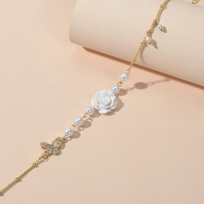 Textured Wedding Pearl Beads Gold Chain Butterly White Flower Collar Necklace-4