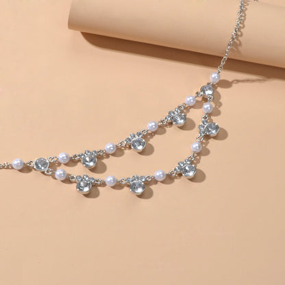 Luxurious Wedding Jewellery Pearl Rhinestone Decor Double layer Collar Necklace-3