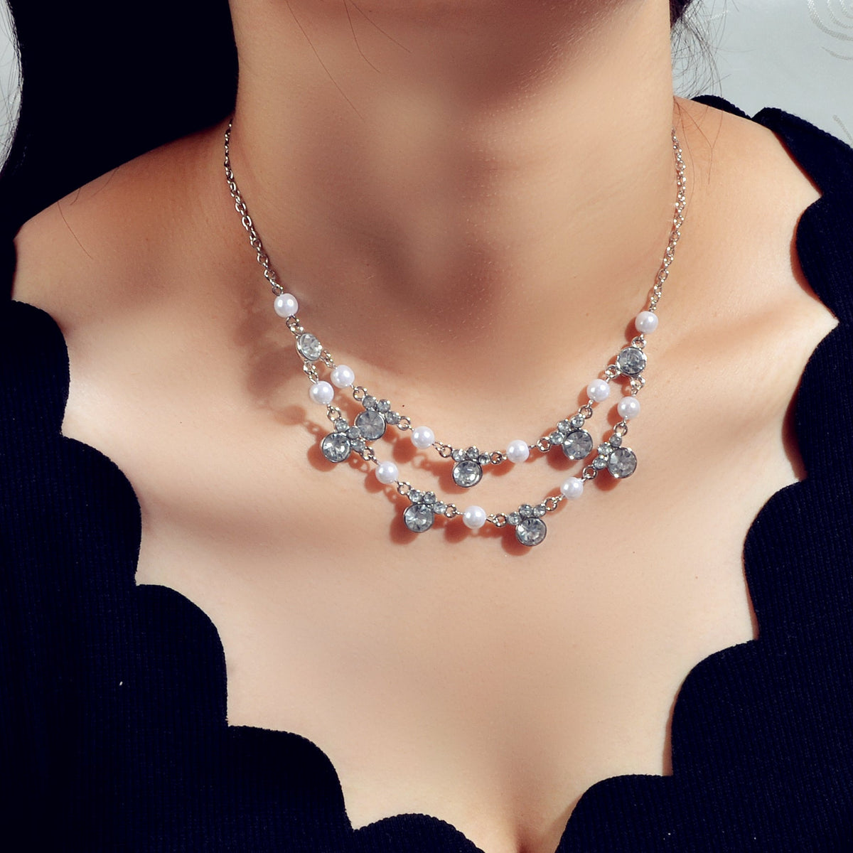 Luxurious Wedding Jewellery Pearl Rhinestone Decor Double layer Collar Necklace-0
