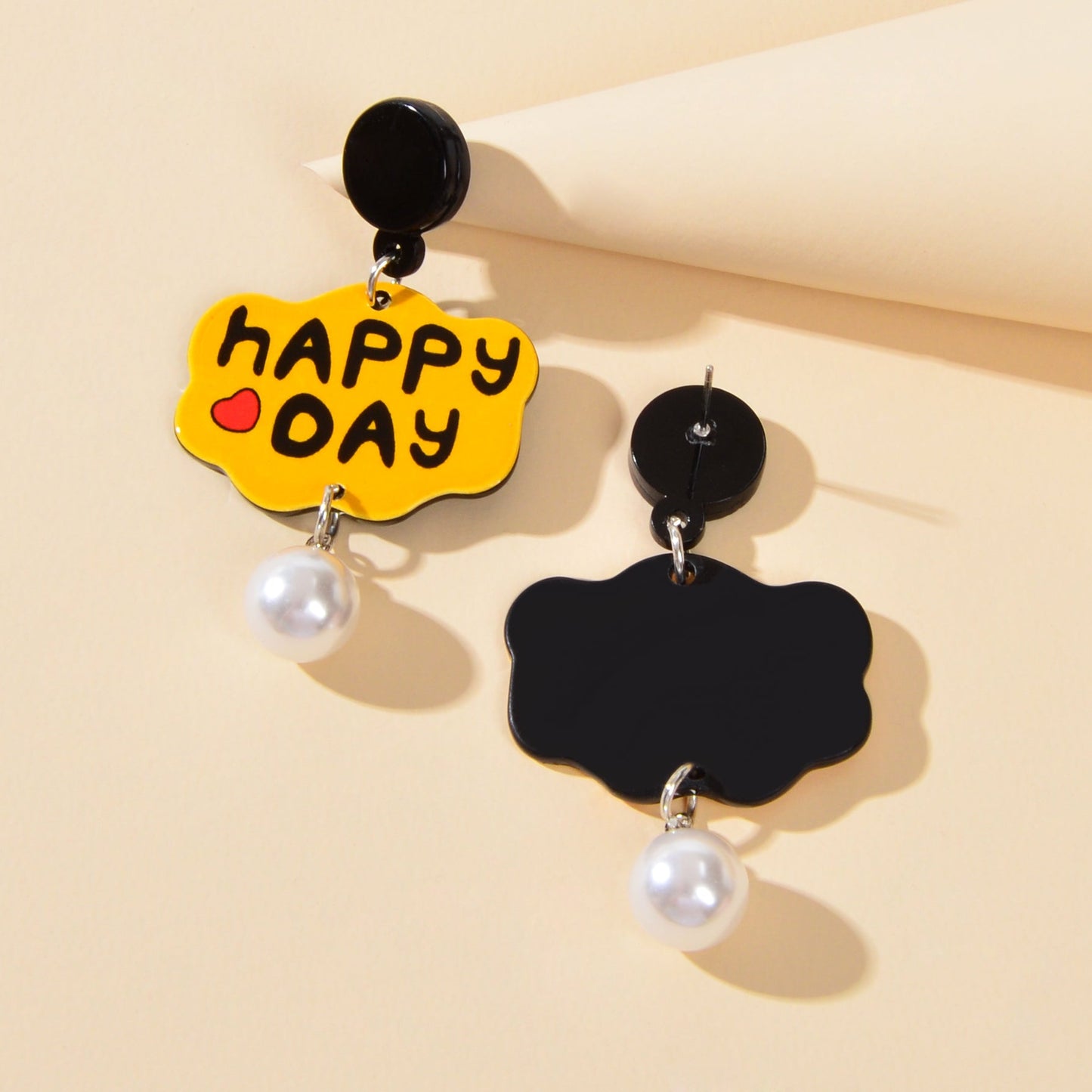 Yellow Cloud Shape Letter HAPPY DAY Pearl Charm Pendant Acrylic Dangle Earrings-2