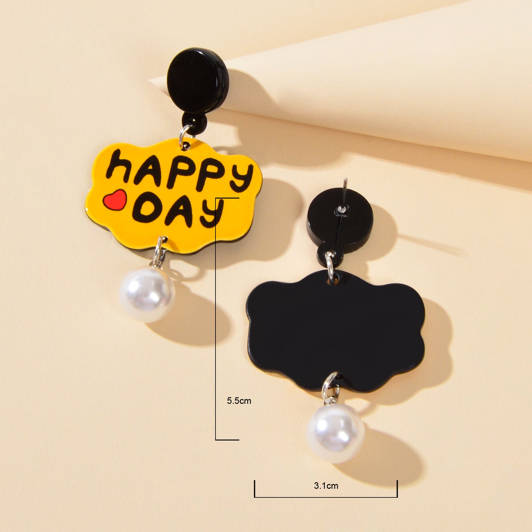 Yellow Cloud Shape Letter HAPPY DAY Pearl Charm Pendant Acrylic Dangle Earrings-3