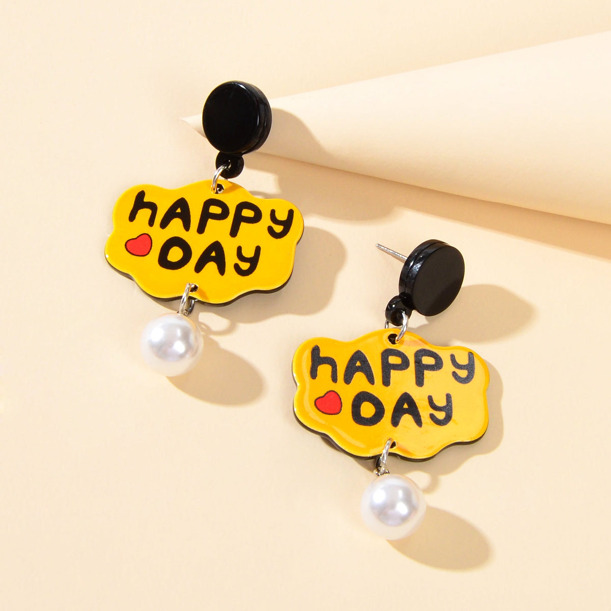 Yellow Cloud Shape Letter HAPPY DAY Pearl Charm Pendant Acrylic Dangle Earrings-4