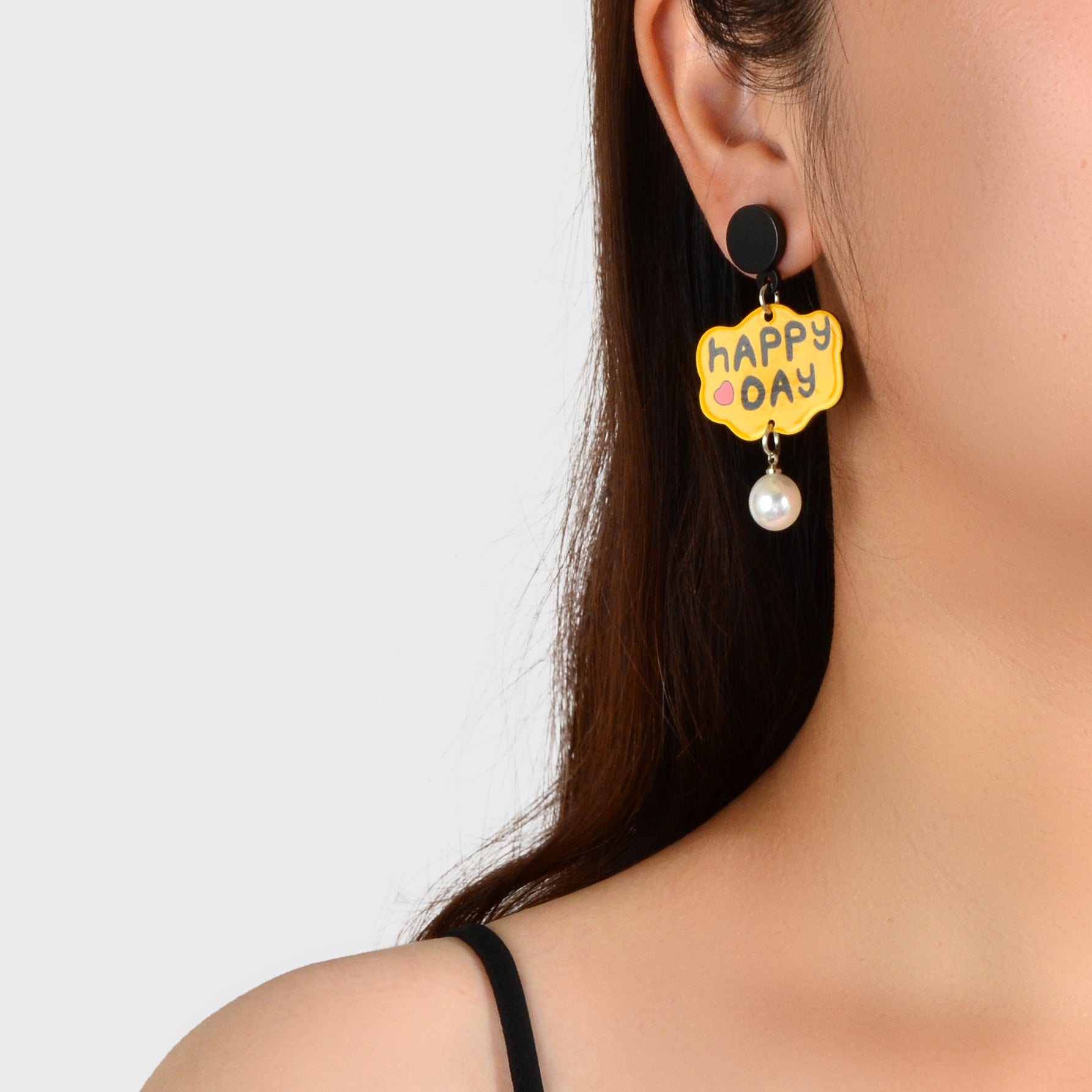 Yellow Cloud Shape Letter HAPPY DAY Pearl Charm Pendant Acrylic Dangle Earrings-1