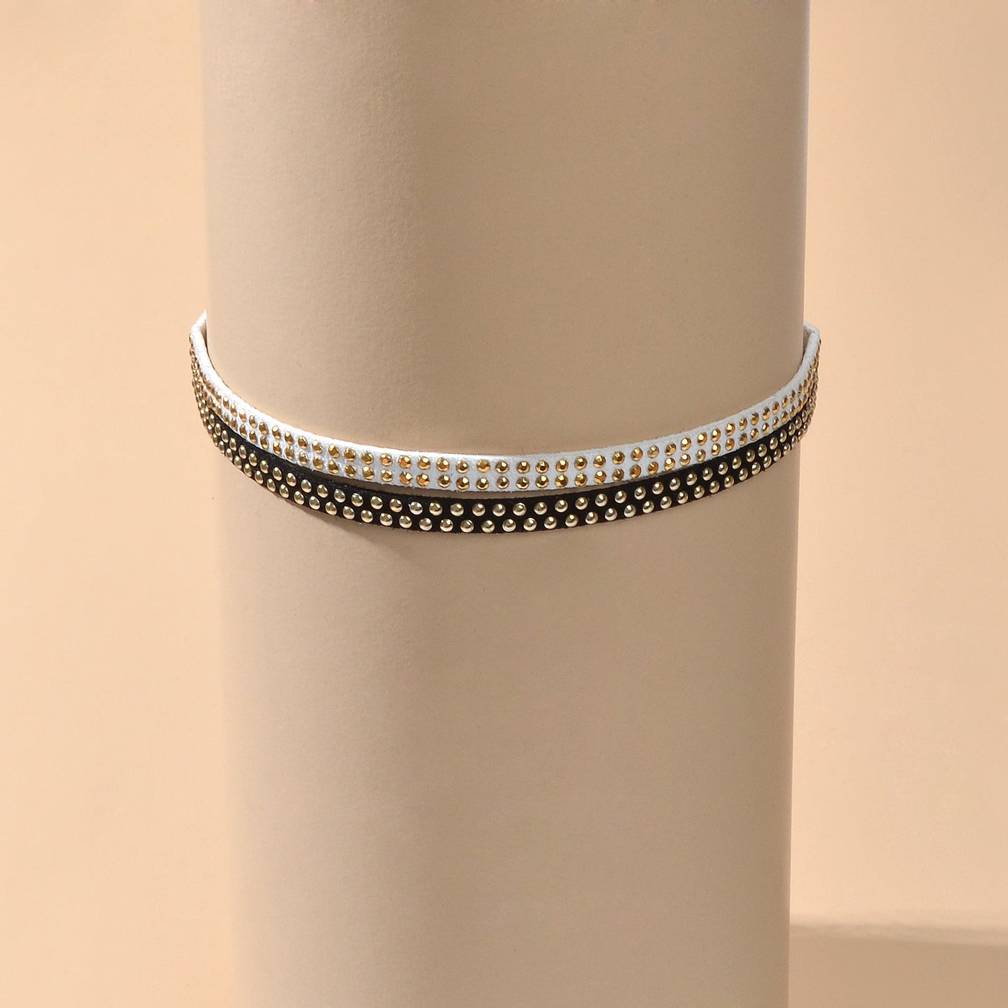 Gothic Punk Gold Metal Dot Black White Suede Double layer Tattoo Choker Necklace-2