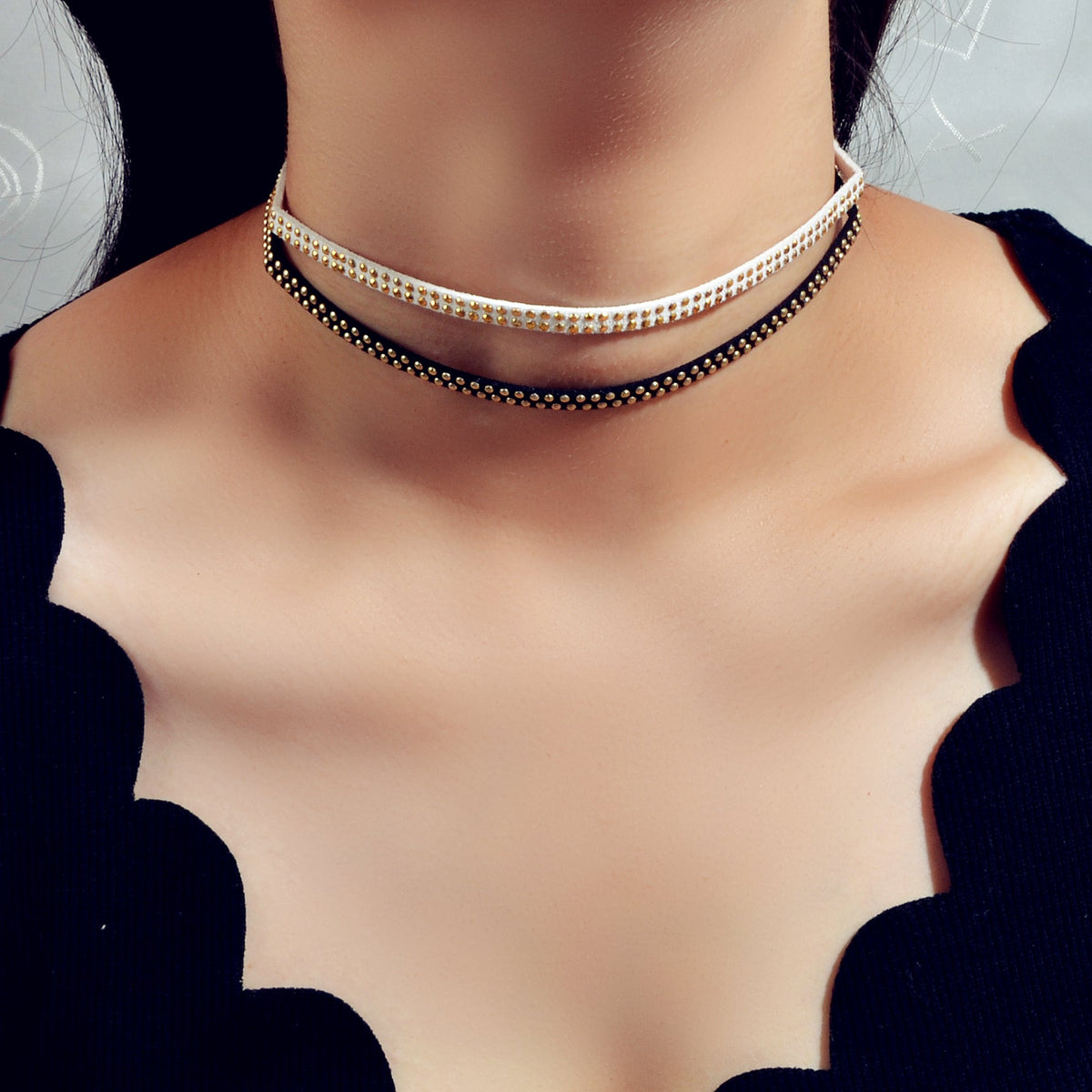 Gothic Punk Gold Metal Dot Black White Suede Double layer Tattoo Choker Necklace-0