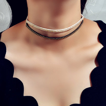 Gothic Punk Gold Metal Dot Black White Suede Double layer Tattoo Choker Necklace-0