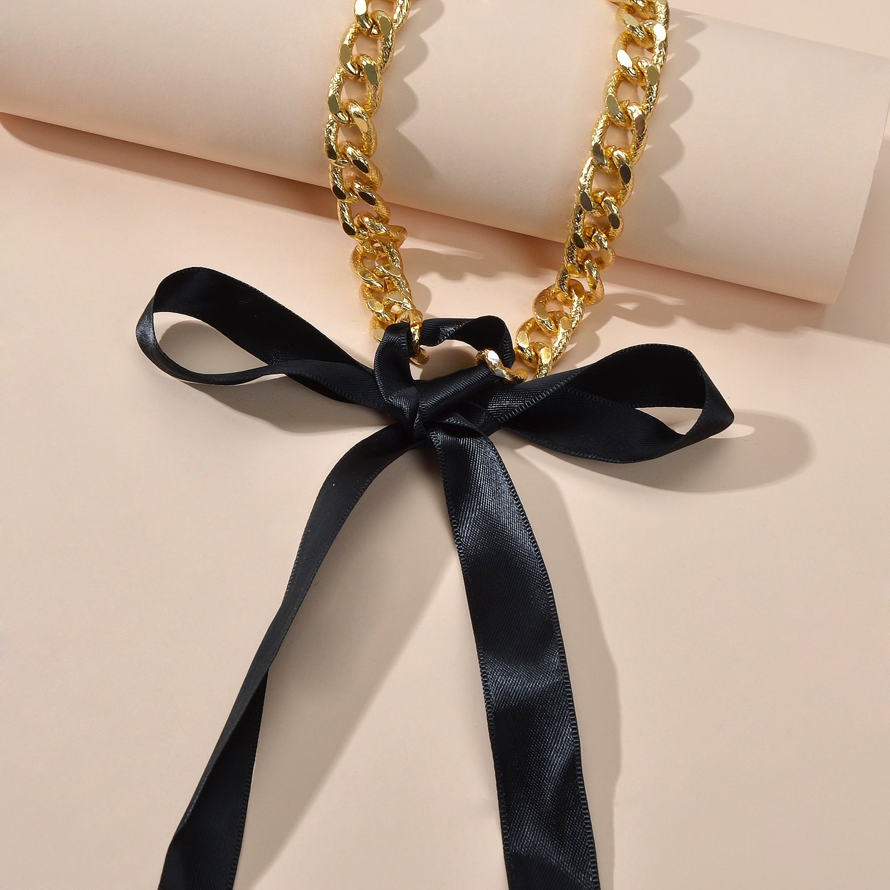 Punk Retro Chain Black White Long Ribbon Bowknot Collar Choker Women Necklace-2