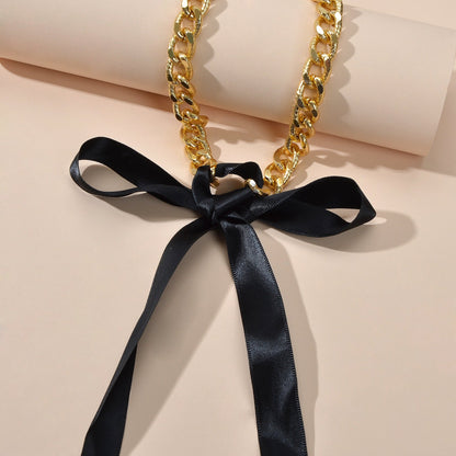 Punk Retro Chain Black White Long Ribbon Bowknot Collar Choker Women Necklace-2