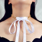 Punk Retro Chain Black White Long Ribbon Bowknot Collar Choker Women Necklace-1