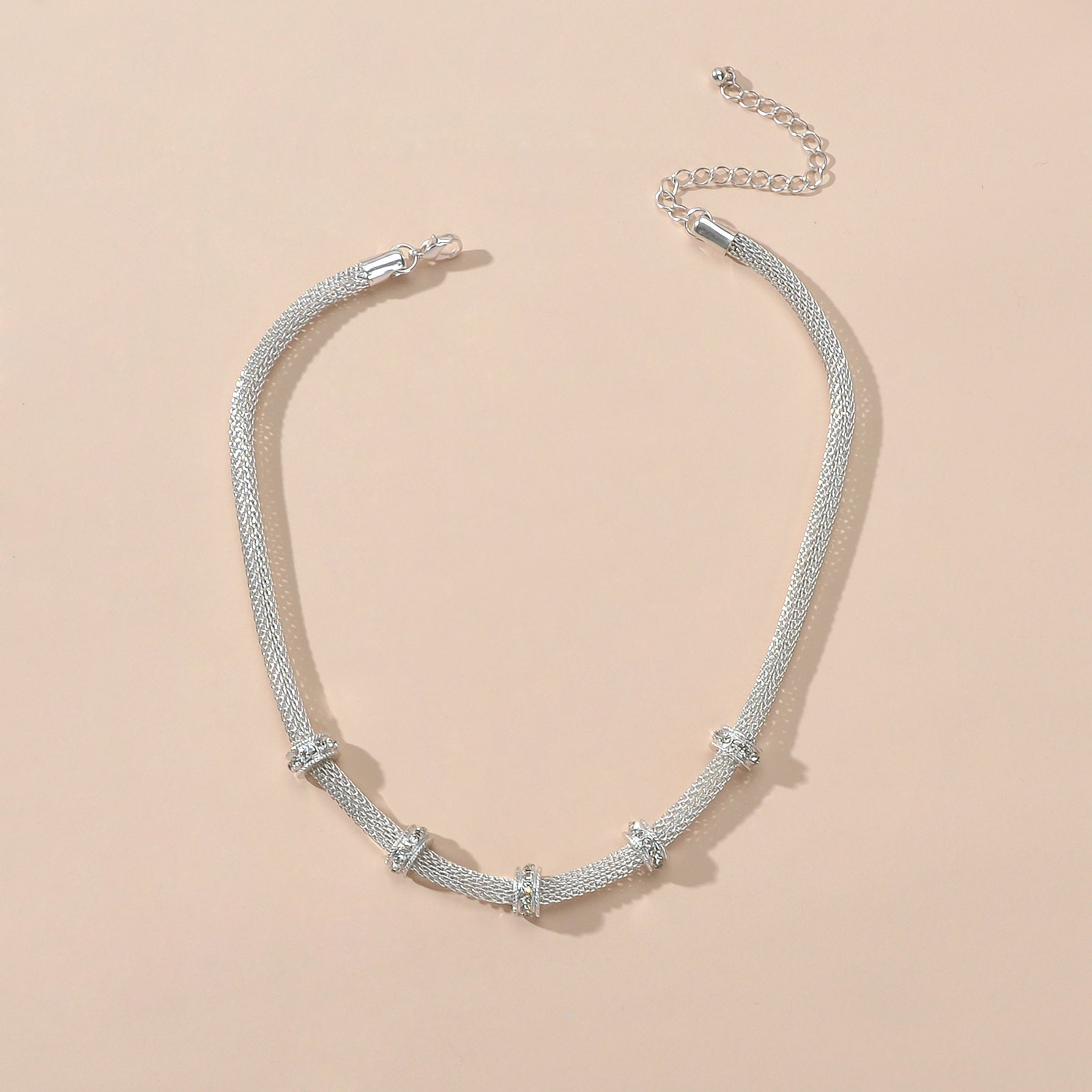 Rhinestone Silver Chain Short Clavicle Necklace Wedding Party Textured Jewellery-3