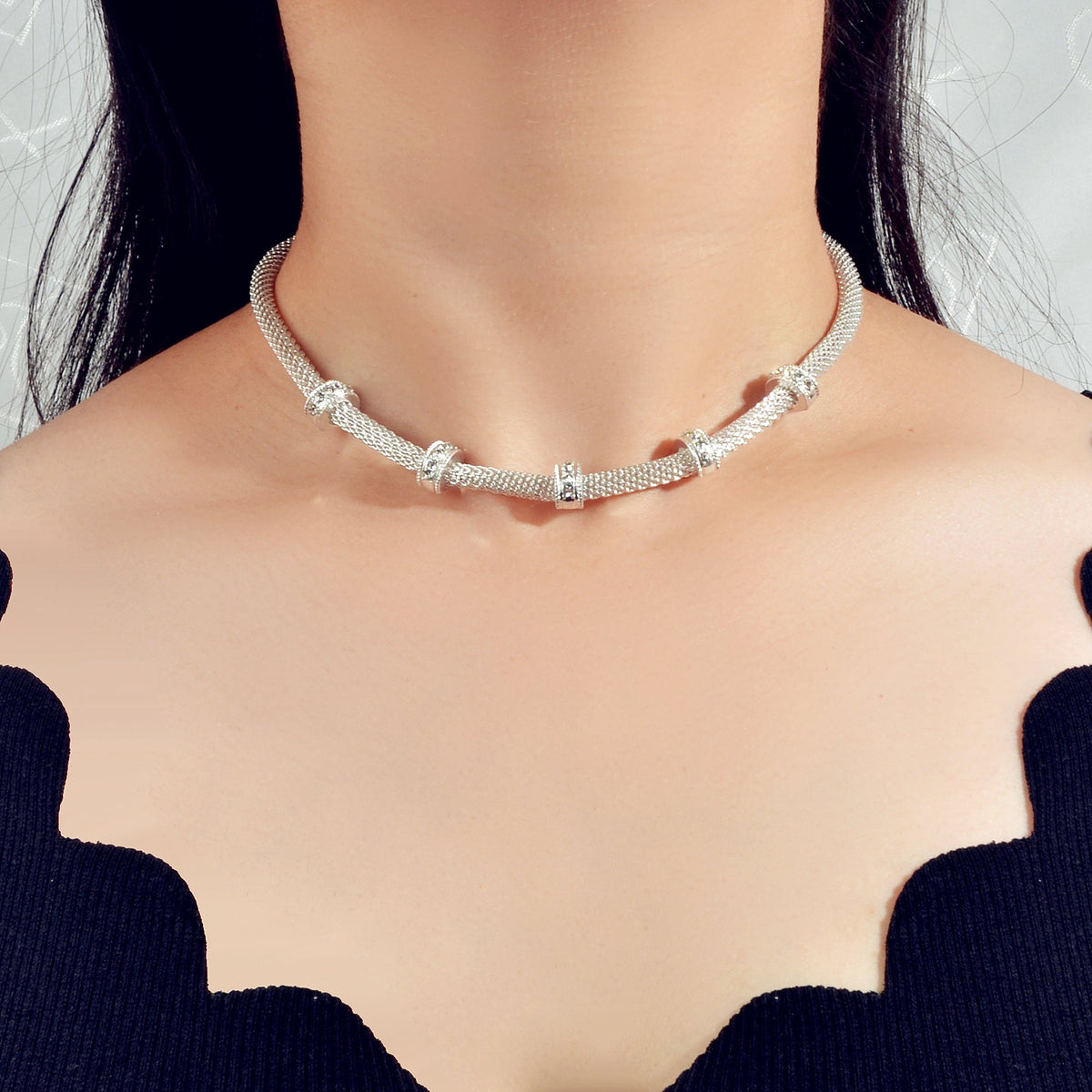 Rhinestone Silver Chain Short Clavicle Necklace Wedding Party Textured Jewellery-0