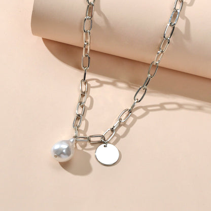 Trendy Jewelry Silver Chain Pearl Disc Charm Necklace Party Decoration for Women-1