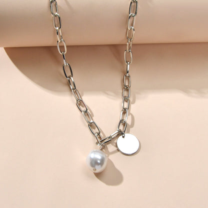 Trendy Jewelry Silver Chain Pearl Disc Charm Necklace Party Decoration for Women-2