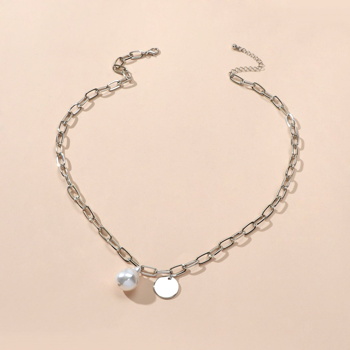 Trendy Jewelry Silver Chain Pearl Disc Charm Necklace Party Decoration for Women-3