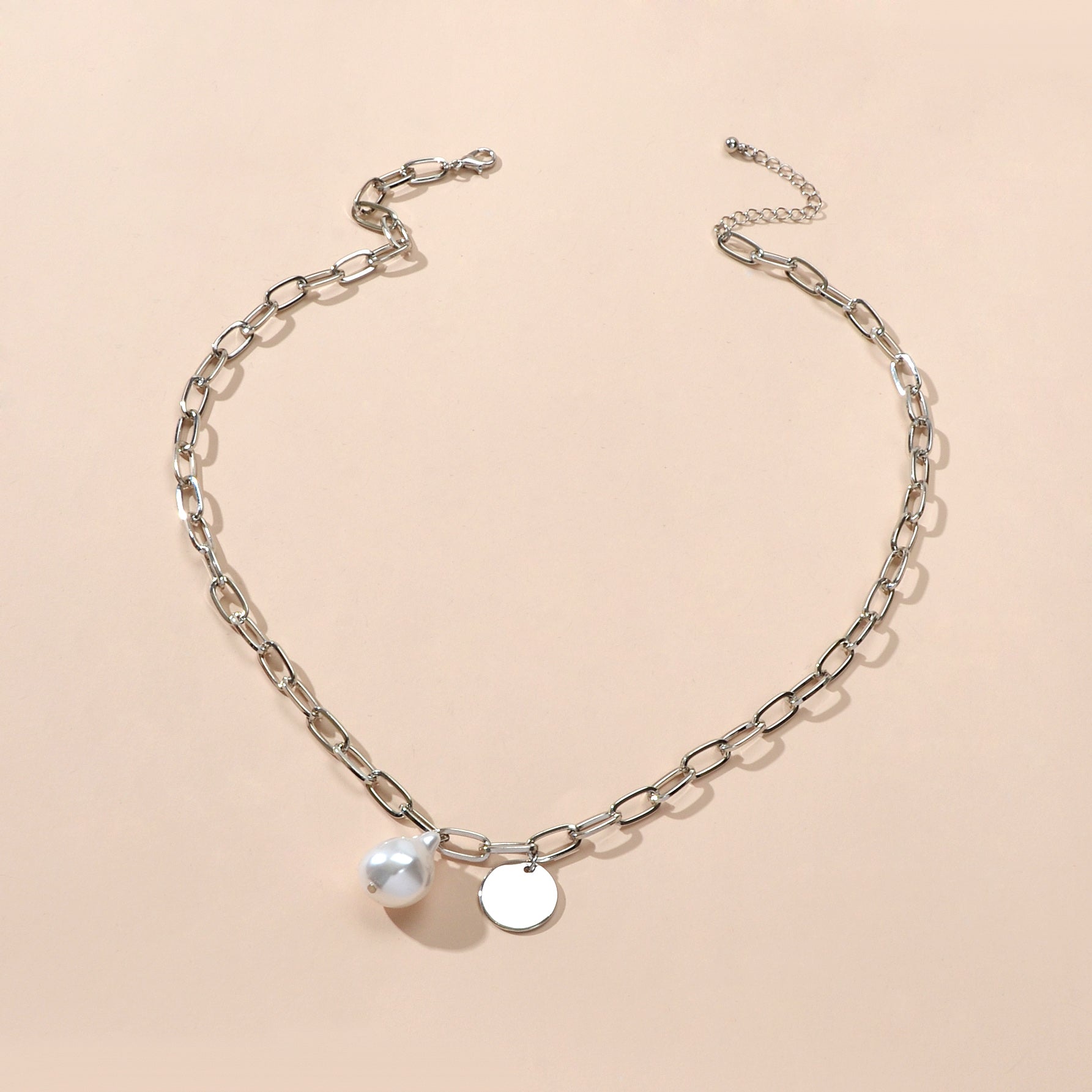Trendy Jewelry Silver Chain Pearl Disc Charm Necklace Party Decoration for Women-3