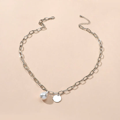 Trendy Jewelry Silver Chain Pearl Disc Charm Necklace Party Decoration for Women-3