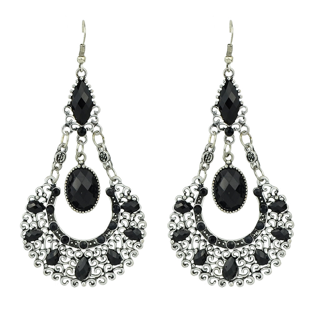 Bohemian Tribal Ethnic Antique Silver Rhinestone Hollow Water Drop Chic Earrings-6