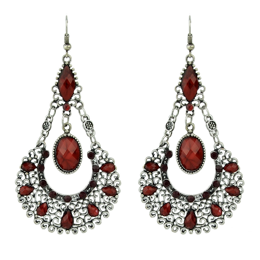 Bohemian Tribal Ethnic Antique Silver Rhinestone Hollow Water Drop Chic Earrings-5