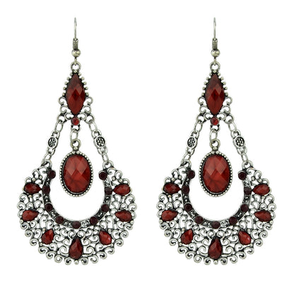 Bohemian Tribal Ethnic Antique Silver Rhinestone Hollow Water Drop Chic Earrings-5