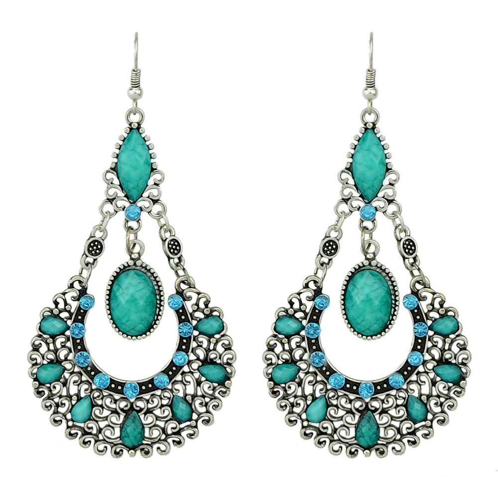 Bohemian Tribal Ethnic Antique Silver Rhinestone Hollow Water Drop Chic Earrings-0