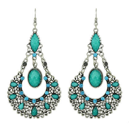 Bohemian Tribal Ethnic Antique Silver Rhinestone Hollow Water Drop Chic Earrings-0