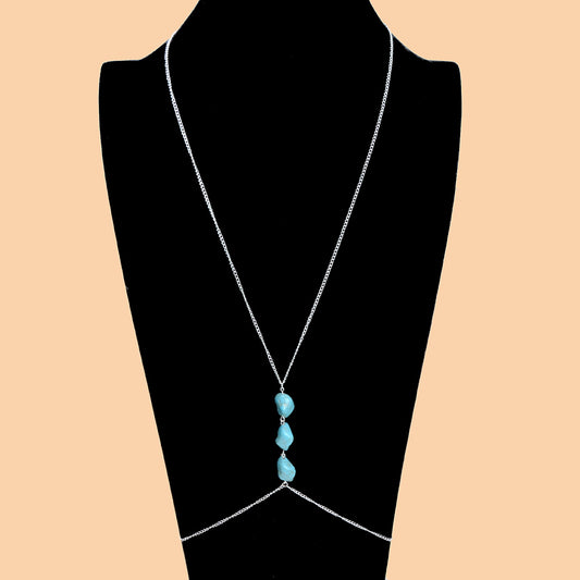Bikini Beach Silver Chain Turquoise Body Chain Layered Chest Belly Body Jewelry-0