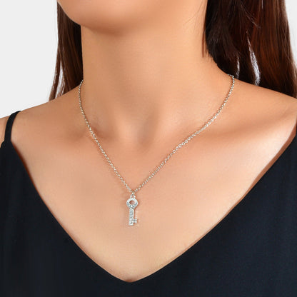 Perfect Engagement Jewellery Shining Silver Chain Rhinestone Key Charm Necklace-0