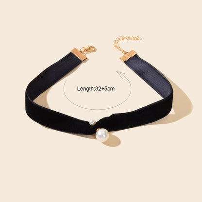 Retro Style 90s Pearl Black Velvet Tattoo Choker Teens Necklace Short Collar-3