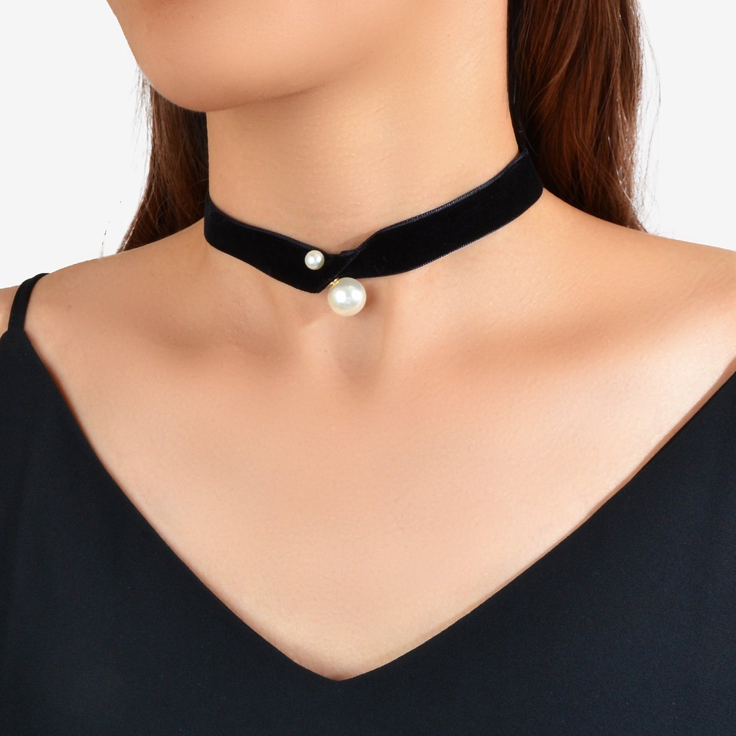Retro Style 90s Pearl Black Velvet Tattoo Choker Teens Necklace Short Collar-0