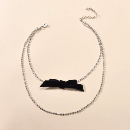 Retro Rhinestone Double layer Popcorn Silver Chain Black Velvet Bowknot Necklace-1