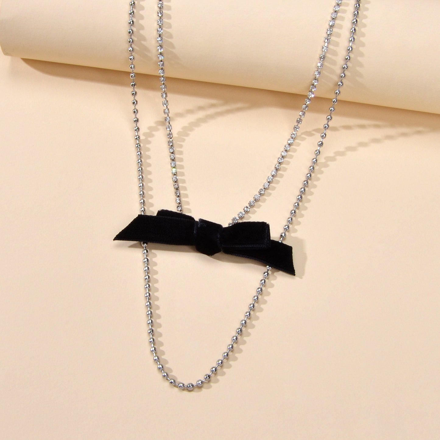Retro Rhinestone Double layer Popcorn Silver Chain Black Velvet Bowknot Necklace-2