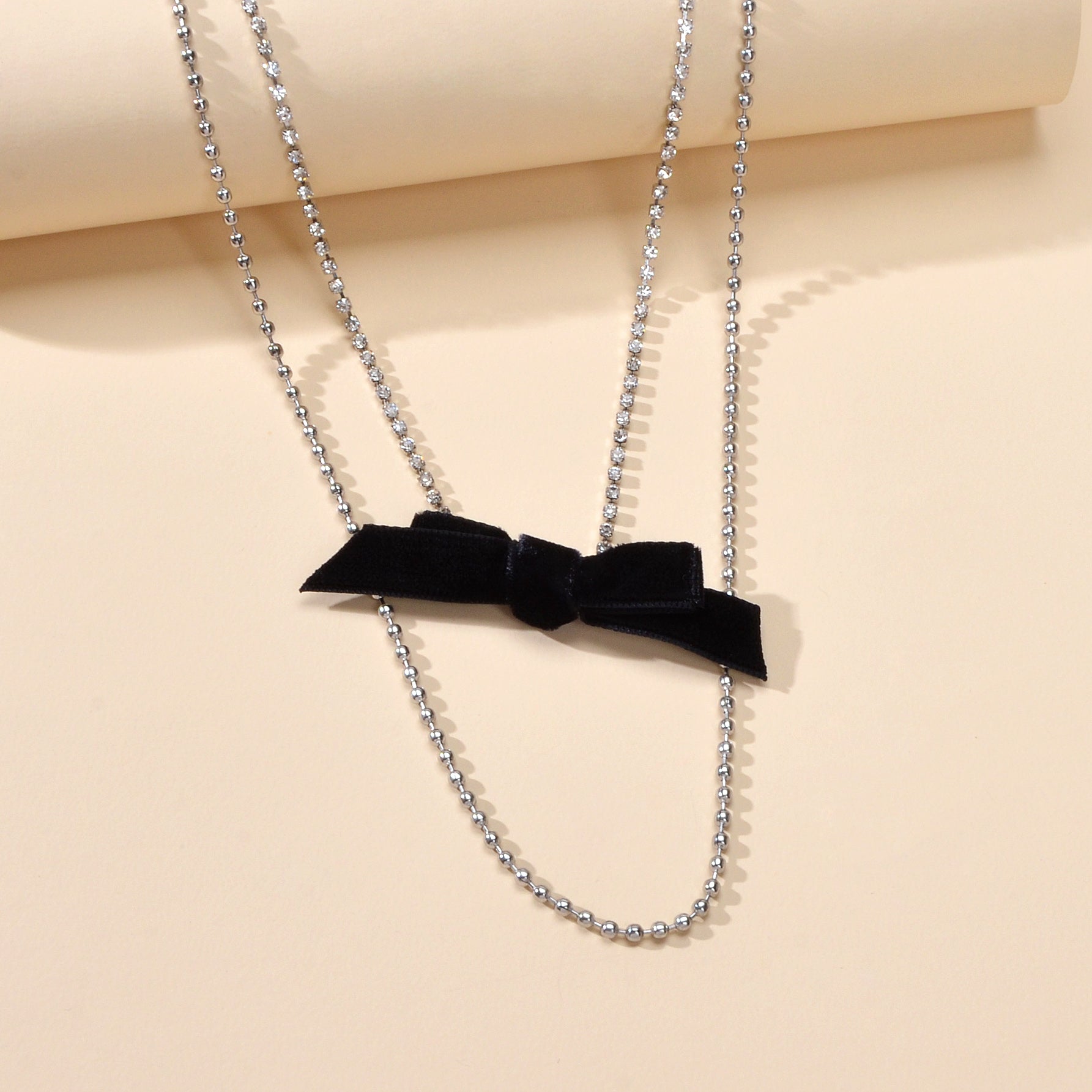 Retro Rhinestone Double layer Popcorn Silver Chain Black Velvet Bowknot Necklace-3
