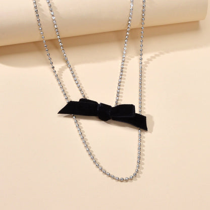 Retro Rhinestone Double layer Popcorn Silver Chain Black Velvet Bowknot Necklace-3