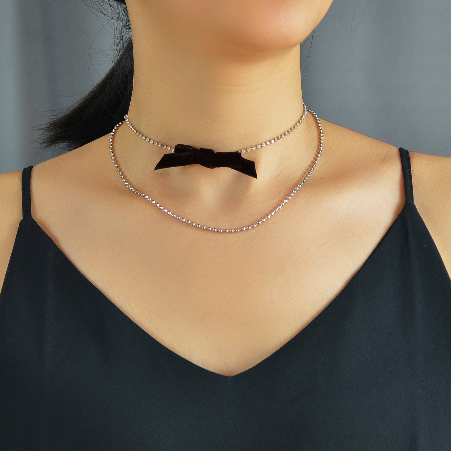 Retro Rhinestone Double layer Popcorn Silver Chain Black Velvet Bowknot Necklace-0