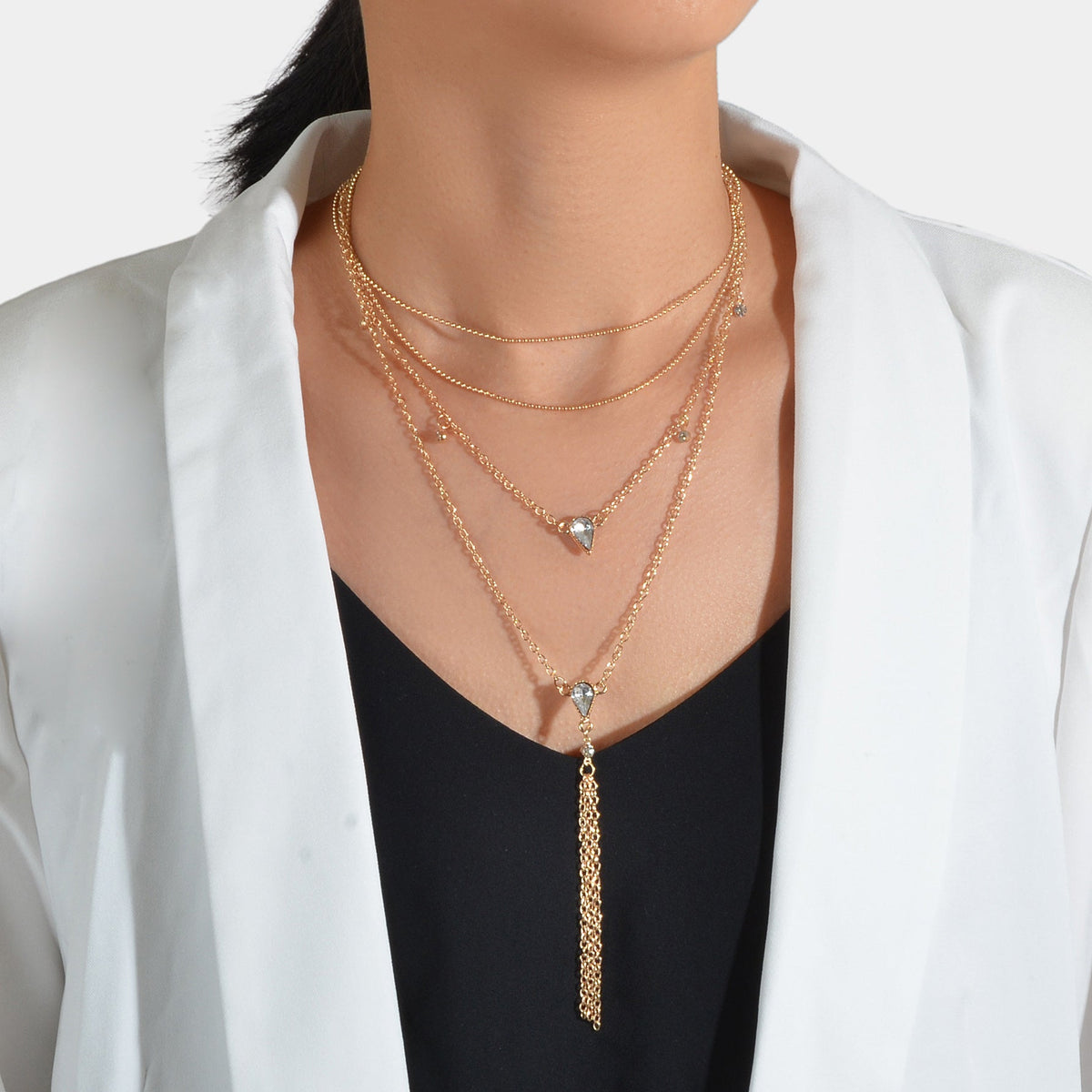 Statement Jewellery Rhinestone Multi-layer Gold Chain Tassel Pendant Necklace-0
