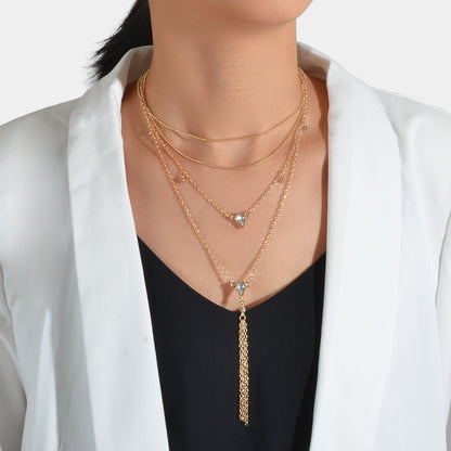 Statement Jewellery Rhinestone Multi-layer Gold Chain Tassel Pendant Necklace-0
