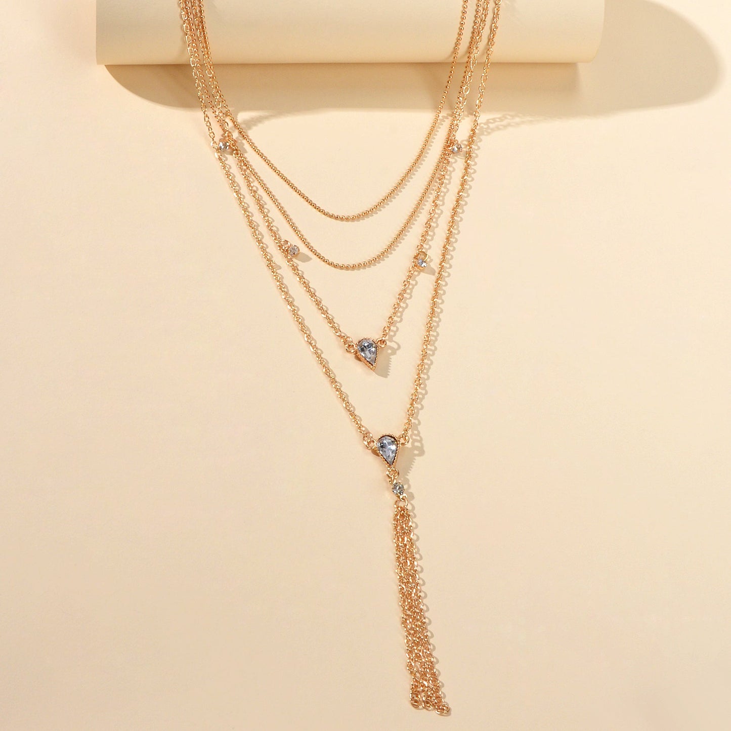 Statement Jewellery Rhinestone Multi-layer Gold Chain Tassel Pendant Necklace-2