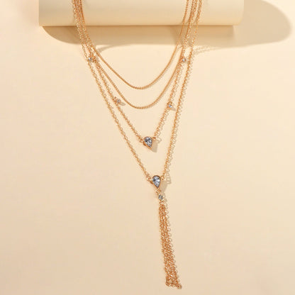 Statement Jewellery Rhinestone Multi-layer Gold Chain Tassel Pendant Necklace-2