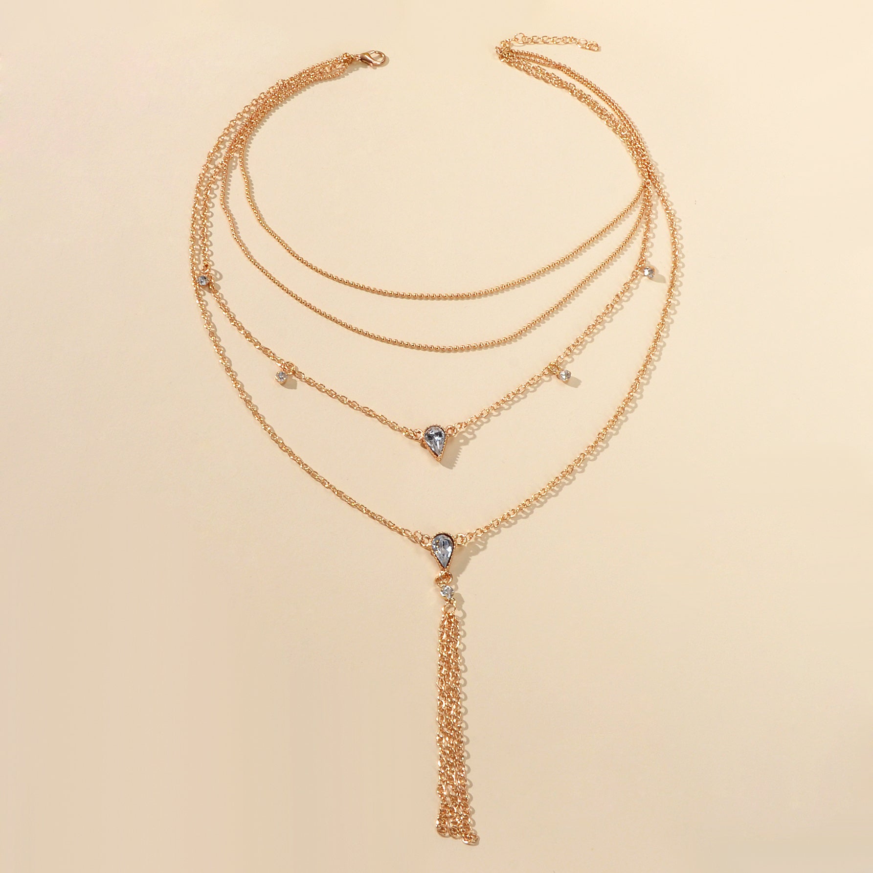 Statement Jewellery Rhinestone Multi-layer Gold Chain Tassel Pendant Necklace-3