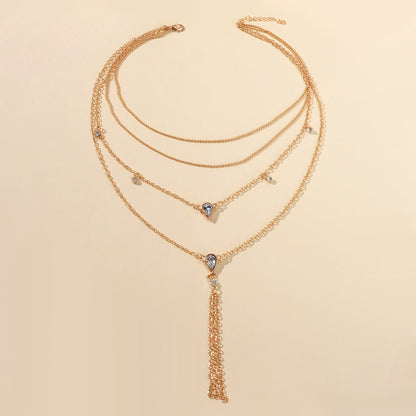 Statement Jewellery Rhinestone Multi-layer Gold Chain Tassel Pendant Necklace-3