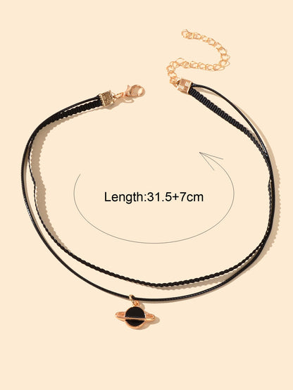 90s Gothic Planet Charm Black Rope Layered Necklace Tattoo Choker Grunge Collar-1
