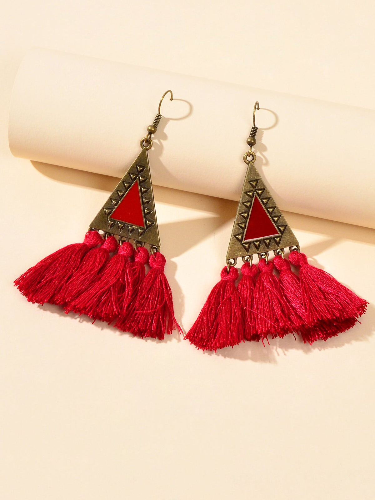 American Jewellery Ethnic Antique Gold Triangle Winered Tassel Bohemian Earrings-1