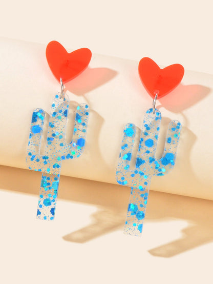 Boho Lightweight Red Heart Blue Cactus Unique Acrylic Transparent Plant Earrings-1