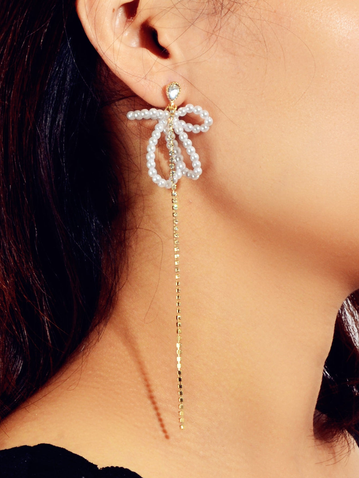 Sweet Pearl Beads Flower Rhinestone Long Gold Chain Asymmetric Pendant Earrings-1