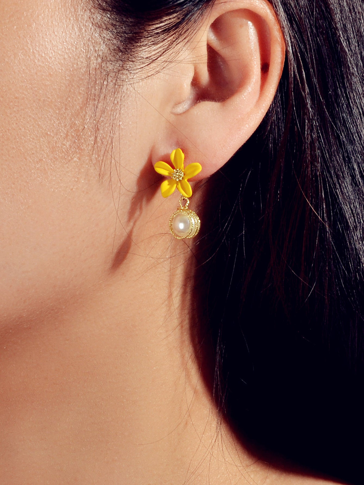 Textured Jewellery Pearl Decor Yellow Flower Drop Pierced Earring Dainty Gifts-1
