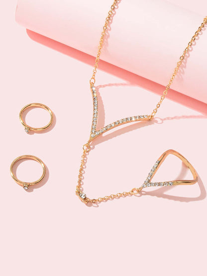 Jewellery set Rhinestone Decor Gold Chain Slave Bracelet and 2 pcs Knuckle Ring-2