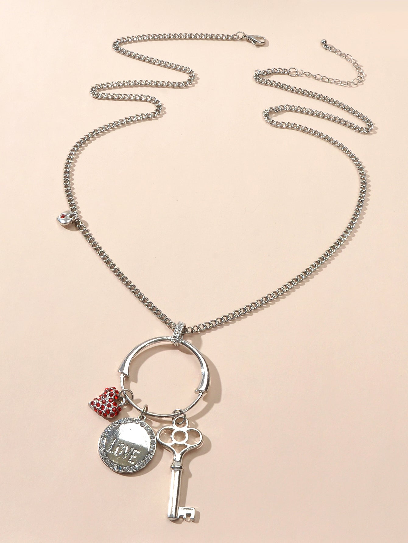 Gift Jewellery Women Girls Long Silver Chain Love Round Heart Key Charm Necklace-1