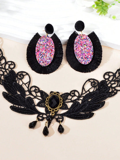 Black Punk Lace Short Necklace with Tassel Earrings Edgy Choker Jewellery Set-2
