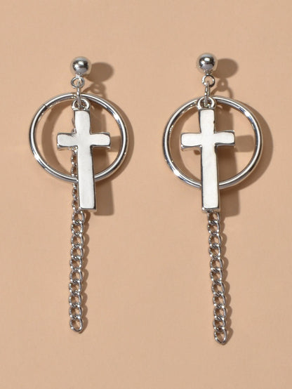 Hip Hop Punk Goth Style Silver Circle Chain Cross Dangle Earrings Female Jewelry-1
