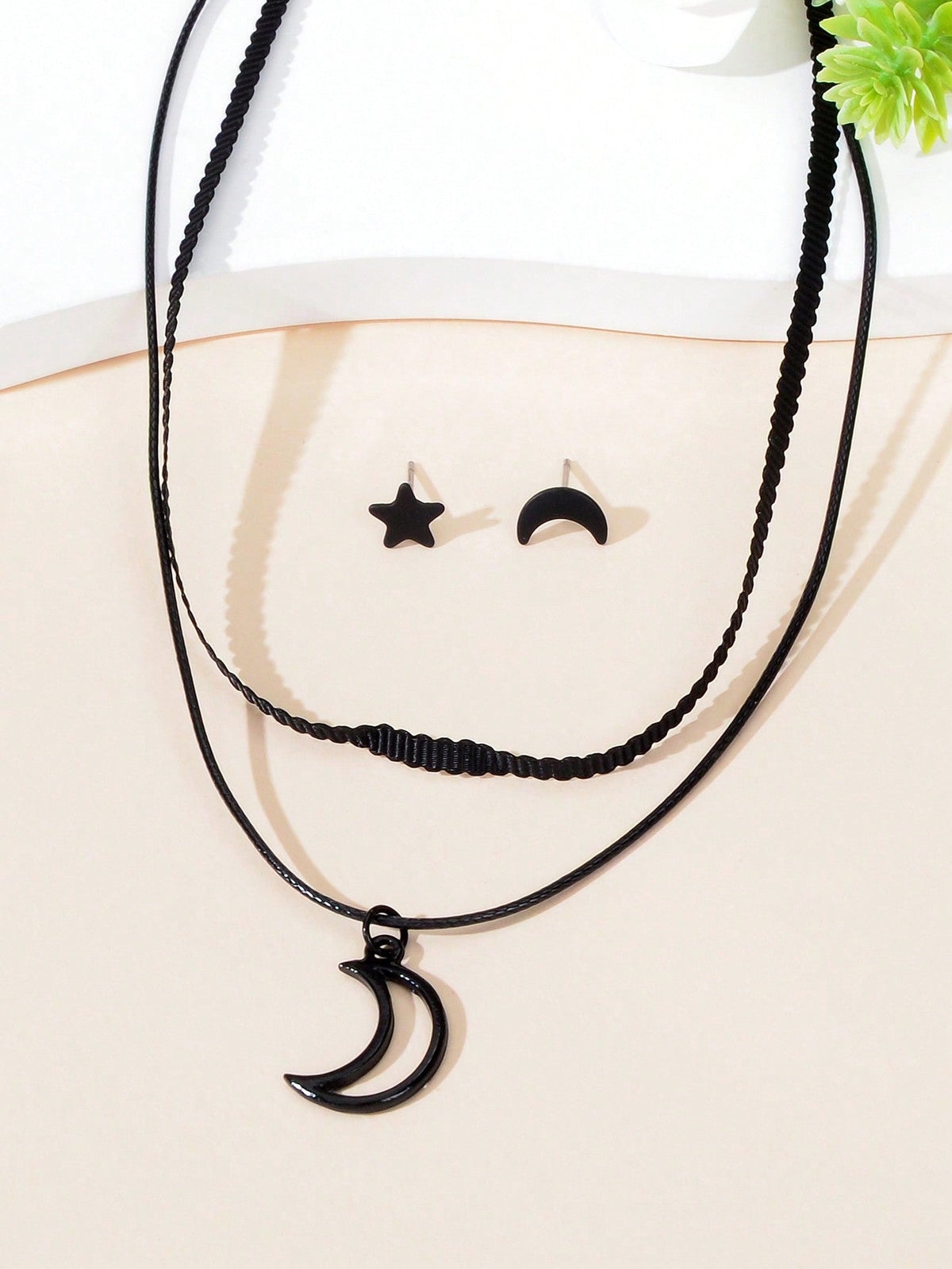 Black Moon Pendant Double Layer Short Necklace Star Crescent Earrings Gift Set-2